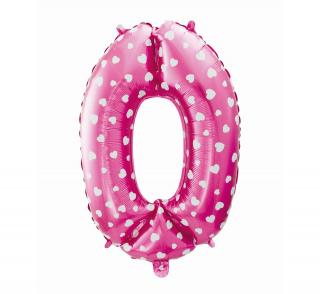 Fóliový balón číslo 0 se srdíčky - růžová - 65 cm