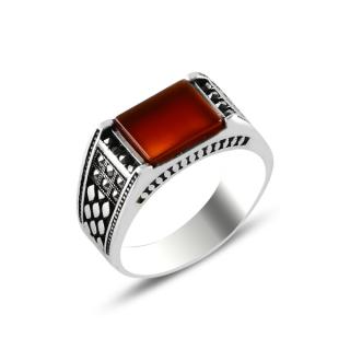 OLIVIE Pánský stříbrný prsten ČERVENÝ ACHÁT 5701 Velikost prstenů: 10 (EU: 62-64)