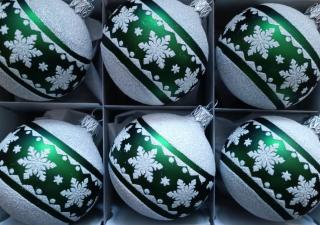 Sada skleněných vánočních retro ozdob koule zelená bílý dekor vločka 6 ks