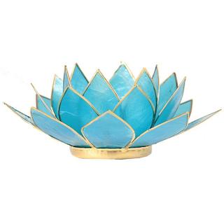 Svícen lotos světle modrý modrý se zlatým lemem - 13.5 cm