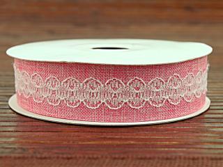 Textilní stuha s krajkou 2,5cm - Sv.růžová-bílá
