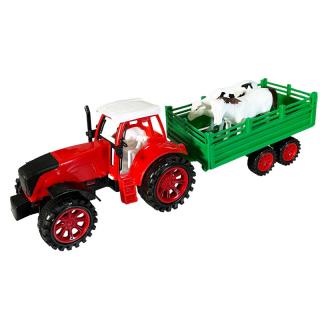 Traktor s přívěsem a zvířaty na setrvačník 32 cm červený