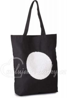 Černá pevná nákupní taška s bílými flitry a s dlouhými držadly