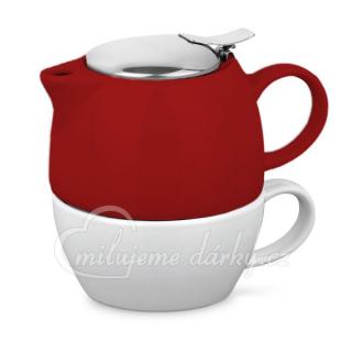 Červená keramická konvička s bílým šálkem a vloženým sítkem na sypaný čaj 2 v 1