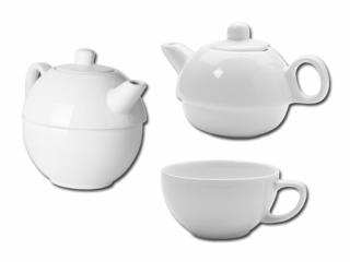 Menší bílá keramická konvička se šálkem na čaj