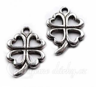 Přívěsek na klíče malý stříbrný čtyřlístek 15x21mm, barva platina s patinou, 1ks