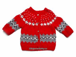 ručně pletený dětský červený svetr s norským vzorem - vel.62
