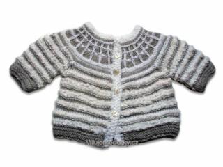 ručně pletený dětský svetr pruhovaný bílo-šedý, raglánový rukáv, vel.62