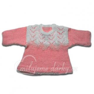 ručně pletený hladký dětský svetr růžový s bílým sedlem