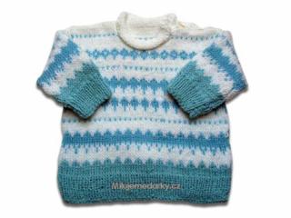ručně pletený svetr modro-bílý pruhovaný, velikost 74
