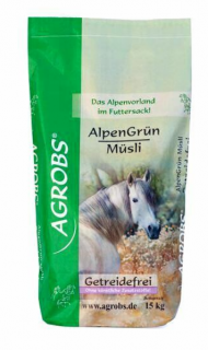 AGROBS - Alpengrün Müsli - Bezobilné alpské zelené müsli 15 kg (Alpské müsli pro koně s metabolickými problémy, citlivé, alergické a dušné koně)