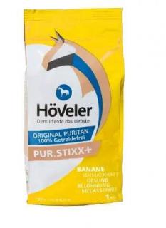 Höveler - PUR.stixx + banán 1 kg (Höveler PUR.STIXX + BANÁN bez obilí, melasy a umělých přísad nabízí chutnou pochoutku pro vašeho koně.)