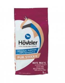 Höveler - PUR stixx +červená řepa 1 kg (Höveler PUR.STIXX + ŘEPA bez obilí, melasy a umělých přísad nabízí chutnou pochoutku pro vašeho koně.)