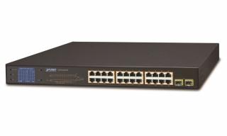 Planet GSW-2620VHP PoE switch, 24x PoE +2x SFP 1000Base-X, LCD,VLAN, extend mód 10Mb-250m,IEEE 802.3at 300W