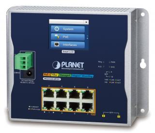 Planet WGS-5225-8P2SV nástěnný PoE switch 8x TP,2x SFP, Web+LCD, L3, ONVIF, 802.3at 240W,-40~75°C, fanless