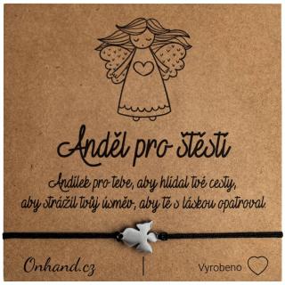 Dárková karta s náramky Anděl pro štěstí stříbrný / černý (Provázkový červený náramek s andělem)