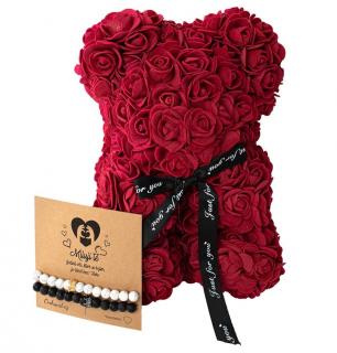 Dárkový set Medvídek z růží bordový s náramky queen crown (Dárkový set Rose Bear s náramky lásky )
