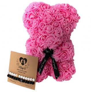 Dárkový set medvídek z růží Pink s náramky queen crown (Dárkový set Rose Bear z růží s náramky lásky )