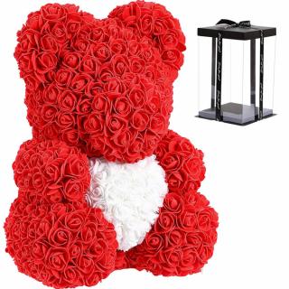 Medvídek z růží 40 cm - červený se srdcem v dárkovém balení (Rosebear - medvídek z růží se srdcem)