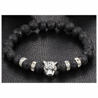 Náramek LEOPARD z lávových kamenů ve stříbrné barvě