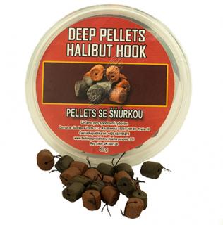 Chytací pelety na provázku Mušle Deep Pellet Halibut dipované 50g (Dipované halibut pelety na provázku Mušle)