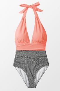 SHAPE - Dámské jednodílné plavky s výstřihem Barva: Růžová s pruhy, Velikost: L