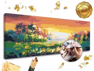 Malování podle čísel PREMIUM GOLD – Pestrobarevná krajina (Sada na malování podle čísel ARTMIE se zlatými plátky)