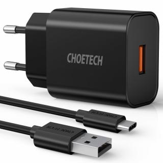 Choetech Q5003 nabíječka do sítě USB + kabel USB-C / 18W / QC 3.0 / 3A / černá