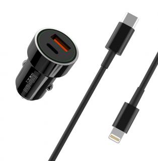 XO TZ11 nabíječka do auta USB / USB-C PD / QC 3.0 / 20W / kabel PD iPhone černá