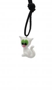 Kožený náhrdelník se skleněnou figurkou Kočka bílá
