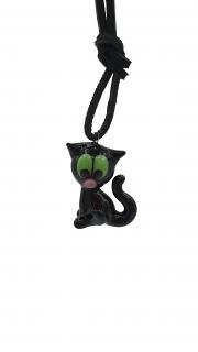 Kožený náhrdelník se skleněnou figurkou Kočka černá