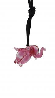 Kožený náhrdelník se skleněnou figurkou Slon růžový