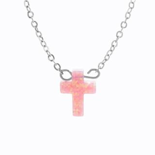 Ocelový náhrdelník Křížek opálový rosa