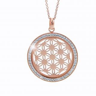 Ocelový náhrdelník Květ života Swarovski® Rose Gold Crystal