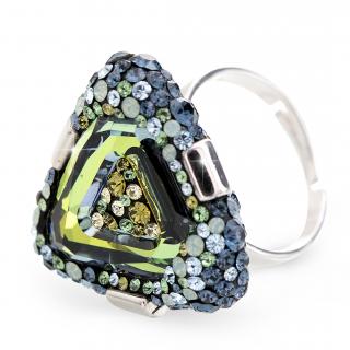 Stříbrný luxusní prsten trojúhelník s kameny Swarovski Zeleno modrý