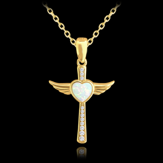 Stříbrný náhrdelník Křížek s opálem white gold