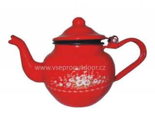 čajník buclák červený smaltovaný s květy 1,25 l (buclatá konvice na čaj červená smaltovaná s květy 1,25 litrů)
