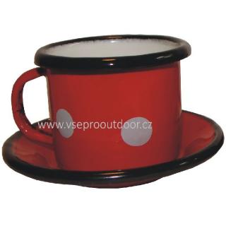 červený smaltovaný šálek na kávu s podšálkem s puntíky 0,1 l (Šálek na kávu s podšálkem červený s bílými puntíky smaltovaný 0,1 l)