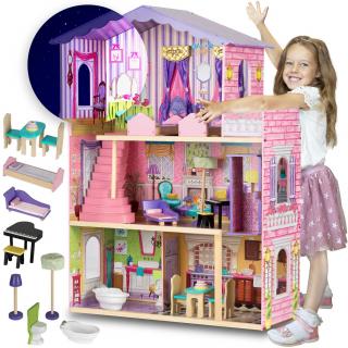 Drevený domček pre bábiky, veľký 3-poschodový + nábytok + výťah