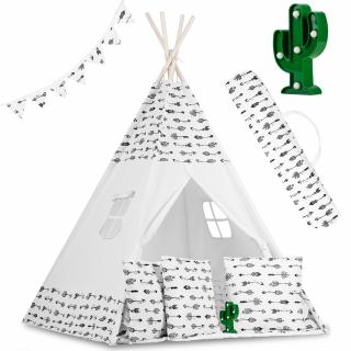 Teepee stan pre deti s girlandou a svetlami - biela so šípkami