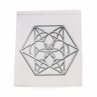 Ezoterická mosazná samolepka - Hexagon s květem, stříbrná