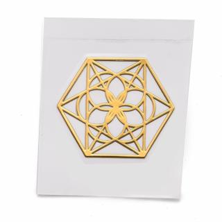 Ezoterická mosazná samolepka - Hexagon s květem, zlatá