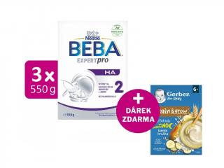 BEBA EXPERTpro HA 2, 3x550g + GERBER Mléčná kaše pšenično-ovesná banán a hruška 200g