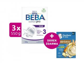 BEBA EXPERTpro HA 3, 3x550g + GERBER Mléčná kaše pšenično-ovesná banán a hruška 200g