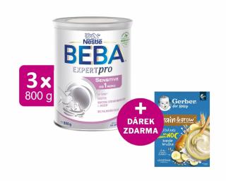 BEBA EXPERTpro SENSITIVE od 1 roku, 3x800g + GERBER Mléčná kaše pšenično-ovesná banán a hruška 200g