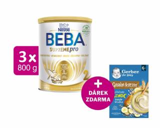 BEBA SUPREMEpro 2, 6 HMO, 3x800g + GERBER Mléčná kaše pšenično-ovesná banán a hruška 200g