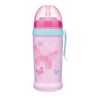 Canpol babies Sportovní láhev se silikonovou nevylévací slámkou MOTÝL 350 ml - růžová