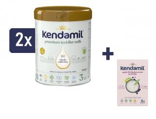 Kendamil Premium 3 HMO+ (2x800 g) + Kendamil Mléčná kaše s černým rybízem a jablky (150 g)