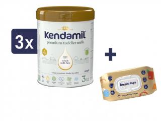 Kendamil Premium 3 HMO+ (3x800 g) + Beginnings vlhčené ubrousky (64ks)