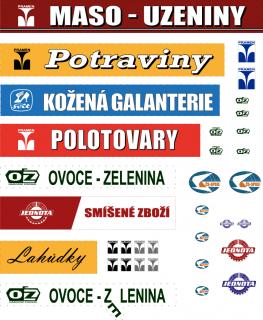 Štíty obchodů  (Obtisk s názvy jednotlivých obchodů)
